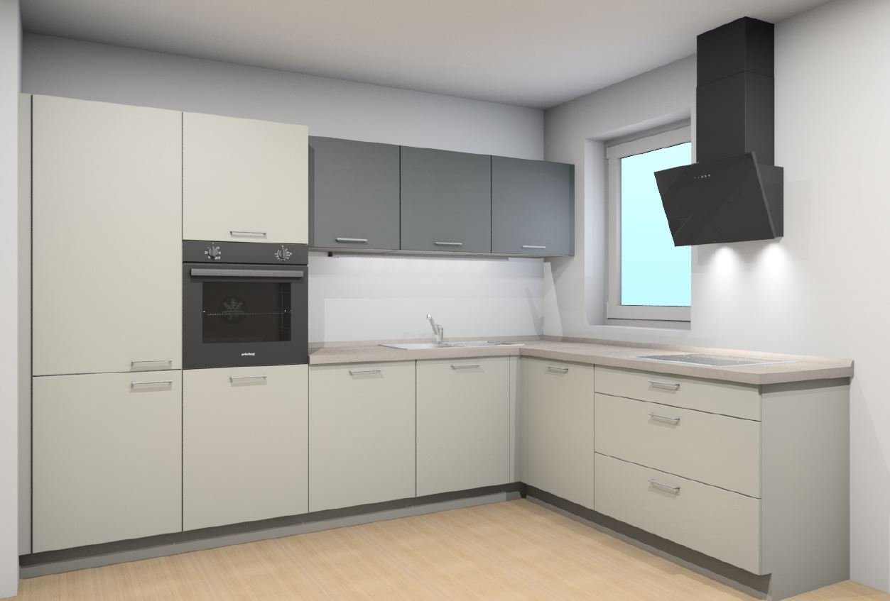 Visualisierung einer modernen Einbauküche mit Backofen auf Arbeitshöhe, Cerankochfeld und viel Stauraum